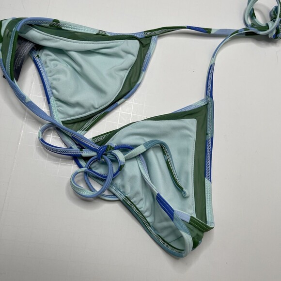 Womens Aerie Triangle Tie Bikini Top Green Blue Mesh Size Medium Swimwear - Picture 5 of 5